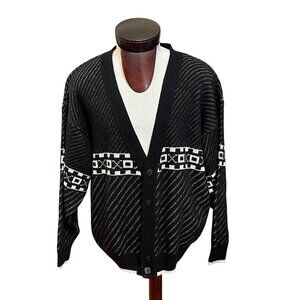 Vintage Mens XL Wool Blend Black White Cardigan Sweater Geometric Design Size XL